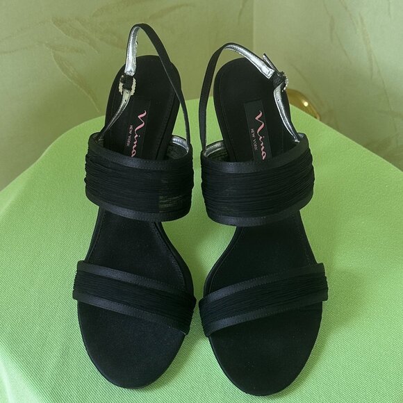 MIA BLACK MESH DRESS SHOE SANDALS HEELS W/RHINESTONE BUCKLE:PREOWNED BLACK 8 1/2 - Picture 1 of 15